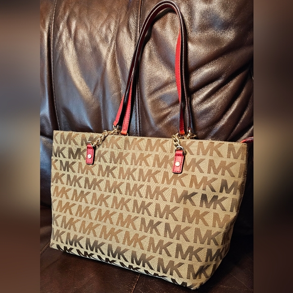 Michael Kors Monogrammed Shoulder Handbag with Red Leather accents EUC - Picture 2 of 16